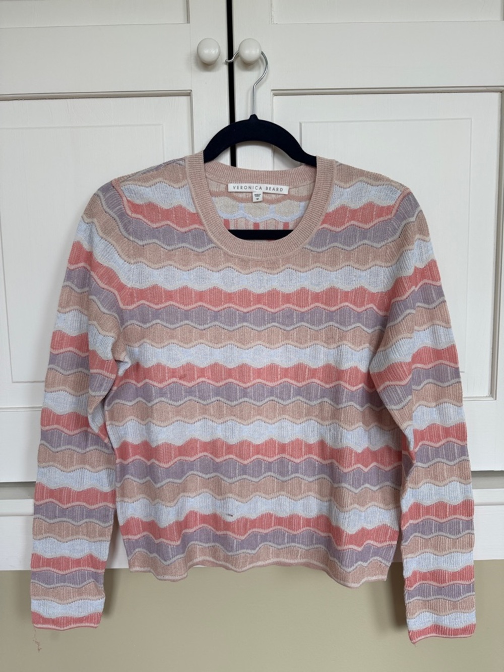 Veronica Beard Pastel Chevron Wave Crewneck Sweater - Pink, Cream, Gray